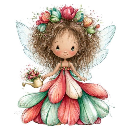 fairy, flower fairy, garden fairy, whimsical, fantasy, magical, nature, floral, botanical, children's, baby, nursery, coral pink, sage green, cream, soft colors, pastel, spring, summer, watering can, flowers, delicate, dreamy, storybook, illustration, cute, sweet, embellished, decorative panel, wall hanging
