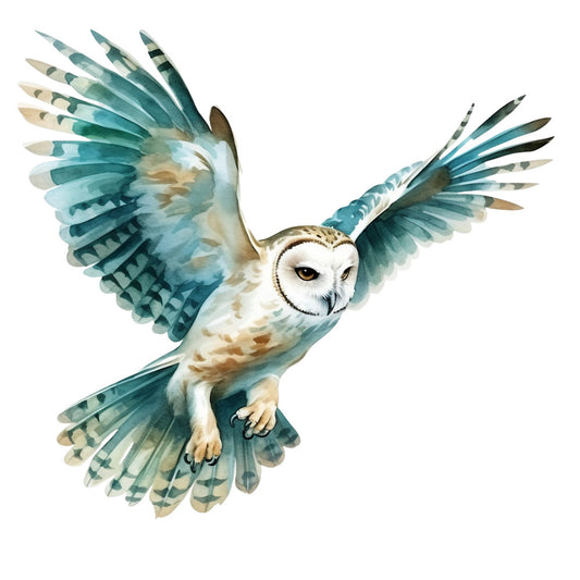 watercolor owl, flying owl, barn owl, teal wings, turquoise feathers, cream colored, brown accents, white face, spread wings, bird in flight, watercolor painting, fabric panel, quilting cotton, nature design, wildlife motif, soft colors, artistic style, feather details, owl artwork, decorative panel