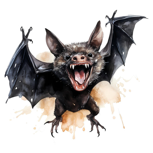 bat, halloween, spooky, scary, dark, black, brown, tan, beige, watercolor, whimsical, gothic, creepy, festive, wings, fangs, animals, wildlife, autumn, fall, october, horror, menacing, playful, illustration, artistic, splatter, dripping paint, creature, monster