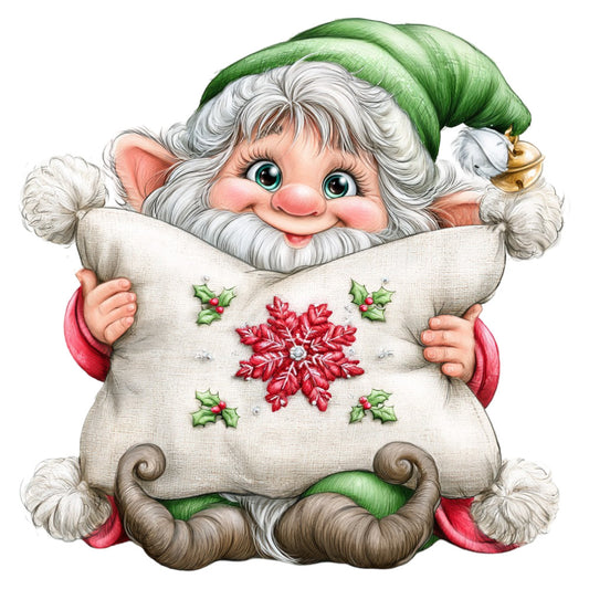 christmas, holiday, santa, gnome, elf, whimsical, festive, red, green, cream, white, ivory, snowflake, holly, berries, vintage, retro, nostalgic, cute, cheerful, joyful, decorative, traditional, seasonal, winter, embroidered, dimensional, appliqué, children's, decorative panel
