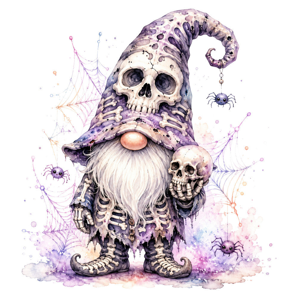 purple gnome, skeleton, halloween, spooky, skull, spider web, spider, whimsical, gothic, dark whimsy, fantasy, magical, watercolor, lavender, dusty purple, cream white, pale pink, coral, blue-gray, autumn, october, holiday, goth gnome, bone, creepy cute, macabre, enchanted, mystical, pastel gothic, ethereal