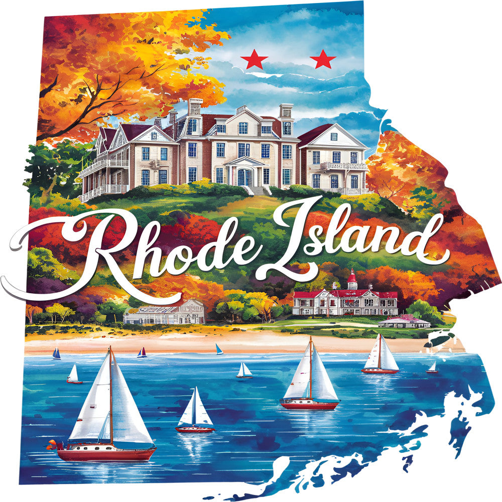 Classic US States Fabric Panel 48 featuring Rhode Island design with autumn foliage, historic buildings, and sailboats on water.