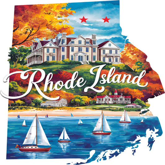 Classic US States Fabric Panel 48 featuring Rhode Island design with autumn foliage, historic buildings, and sailboats on water.
