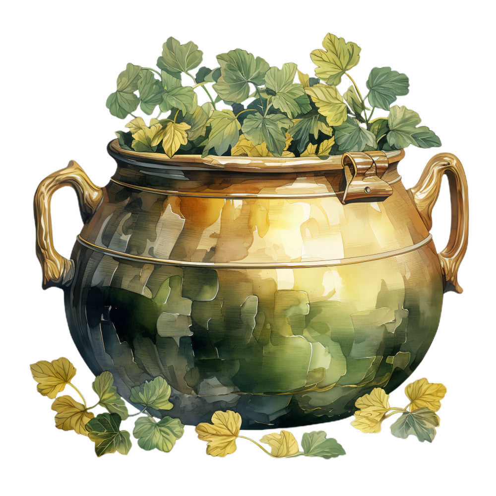 gold, olive green, yellow-green, sage green, forest green, cream, botanical, floral, vintage, elegant, classic, traditional, potted plant, geranium, ivy, leaves, foliage, decorative urn, brass handles, spring, summer, nature, farmhouse, cottage core, home decor, wall hanging, decorative pillow, table topper