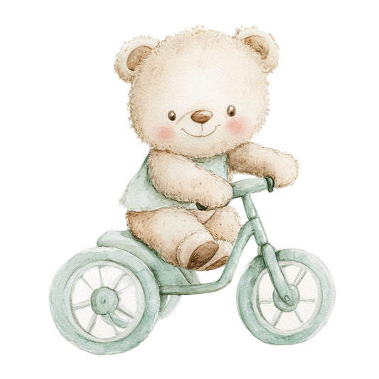 teddy bear, cute animals, nursery, baby, sage green, cream, pale green, mint green, soft colors, pastel colors, whimsical, children's, illustration, tricycle, vintage, gentle, sweet, soft, adorable, storybook, picture books, timeless, classic, soft pastels, gender neutral, little ones, playful, charming, innocence, childhood