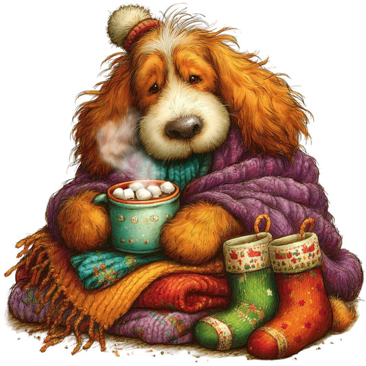 cozy dog, spaniel, winter holiday, christmas, festive, warm colors, burgundy, plum purple, forest green, burnt orange, cream white, whimsical, cozy, hygge, seasonal, autumn, holiday spirit, animal character, cute dog illustration, hot chocolate, marshmallows, winter accessories, socks, scarves, blankets, winter wonderland, children's, heartwarming, vintage holiday, traditional christmas