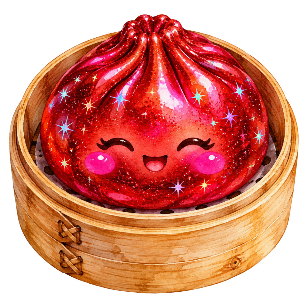 red, hot pink, magenta, metallic gold, sparkle, glitter, shine, kawaii, cute character, smiling face, closed eyes, rosy cheeks, happy expression, whimsical, playful, asian inspired, dim sum, steamed bun, bamboo basket, stars, celestial, magical, fantasy, children's, kids, novelty, fun, vibrant, colorful, decorative