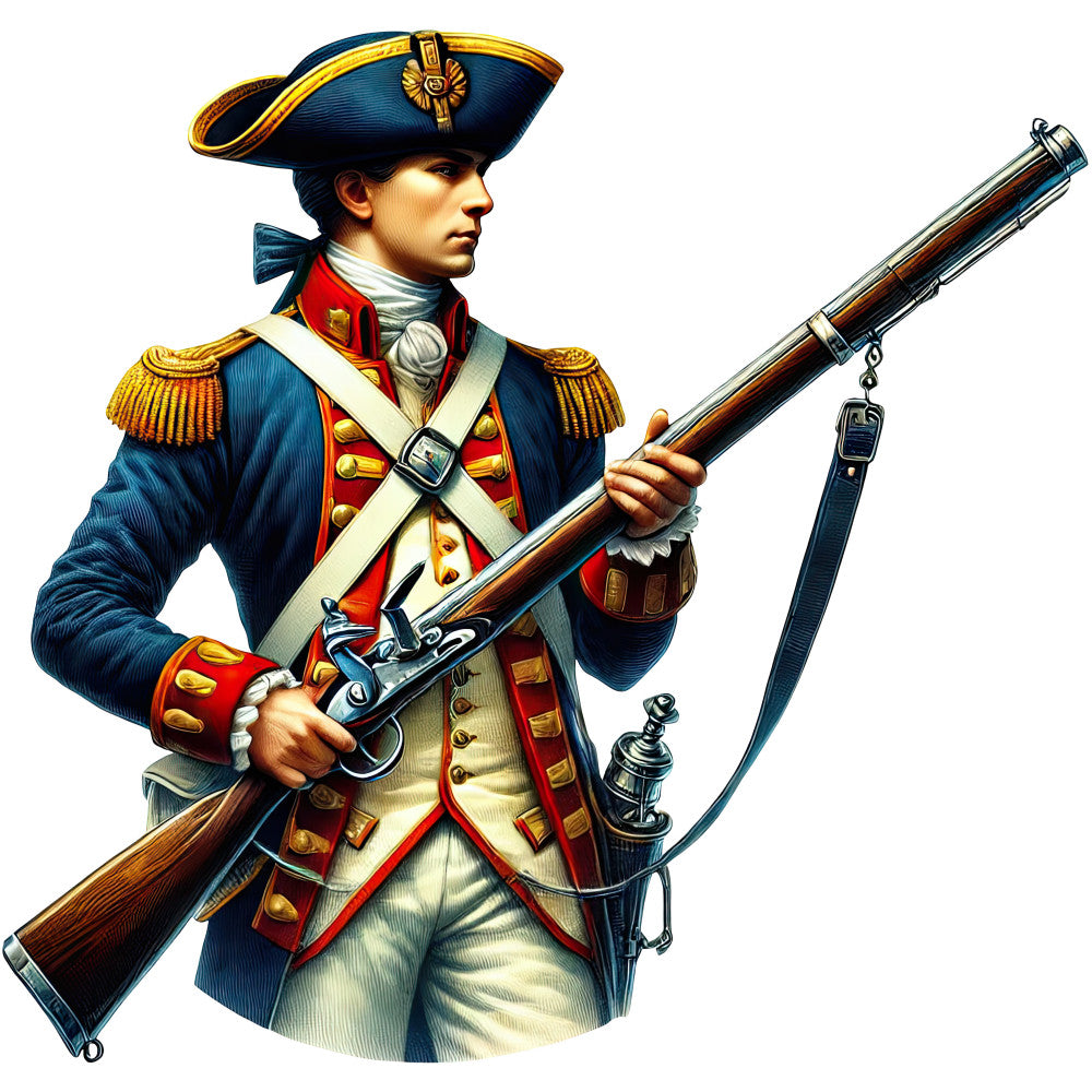 colonial soldier, revolutionary war, military uniform, tricorn hat, musket, flintlock pistol, navy blue, gold trim, red accents, cream colored, brass buttons, epaulettes, white cravat, 18th century, american revolution, fabric panel, quilting cotton, historical figure, patriotic theme, detailed illustration