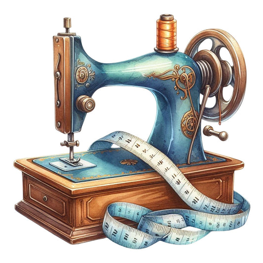 vintage sewing machine, teal blue, copper bronze, measuring tape, retro, steampunk, sewing themed, crafts, nostalgic, antique, wooden base, decorative motifs, elegant, traditional, ornamental details, needle and thread, sewing supplies, hobby, craftsmanship, classic design, collector items, home decor, wall hanging, heritage, timeless, detailed illustration, artistic, mechanical, victorian inspired