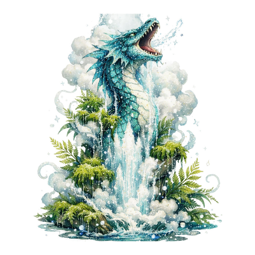 teal, turquoise, aqua blue, cream, white, sage green, lime green, dragon, fantasy, mythical creature, watercolor, abstract, whimsical, nature, water, waterfall, splatter, artistic, modern, celestial, magical, fern, foliage, flowing water, spray effect, ethereal, dreamy, wall hanging, panel print