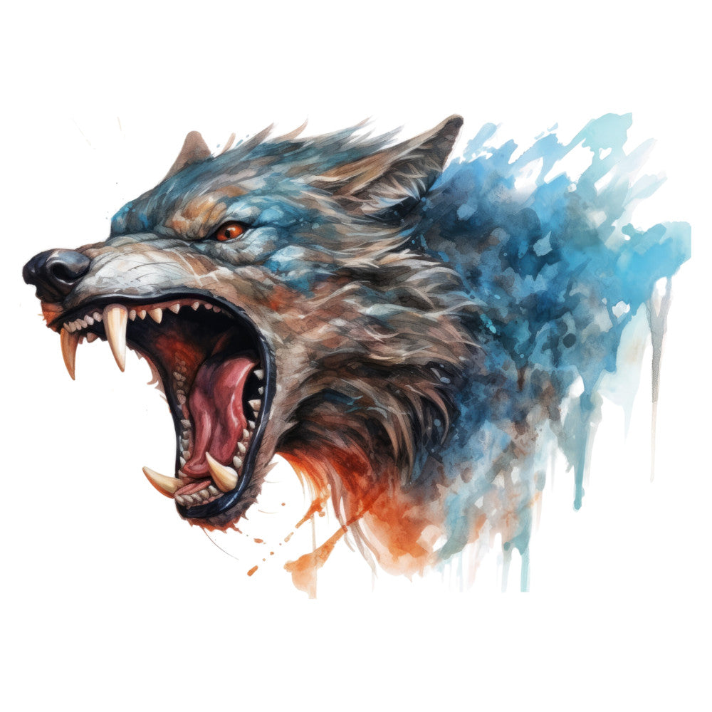 wolf, animal, fierce, aggressive, snarling, watercolor, abstract, blue, orange, rust, tan, brown, gray, teal, splash, drip, contemporary, modern, wild, nature, predator, wildlife, dramatic, bold, eye-catching, fantasy, mythical, textured, artistic