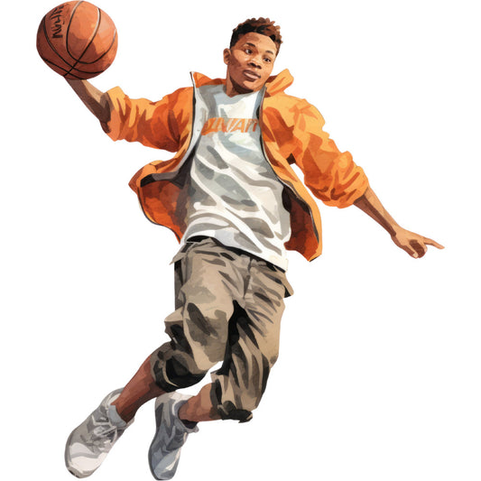 basketball, sports, athletic, player, orange, burnt orange, tan, beige, cream, white, grey, gray, casual, modern, youth, kids, teenagers, action pose, dynamic, jumping, slam dunk, street style, urban, contemporary, sportswear themed, energy, movement, active lifestyle