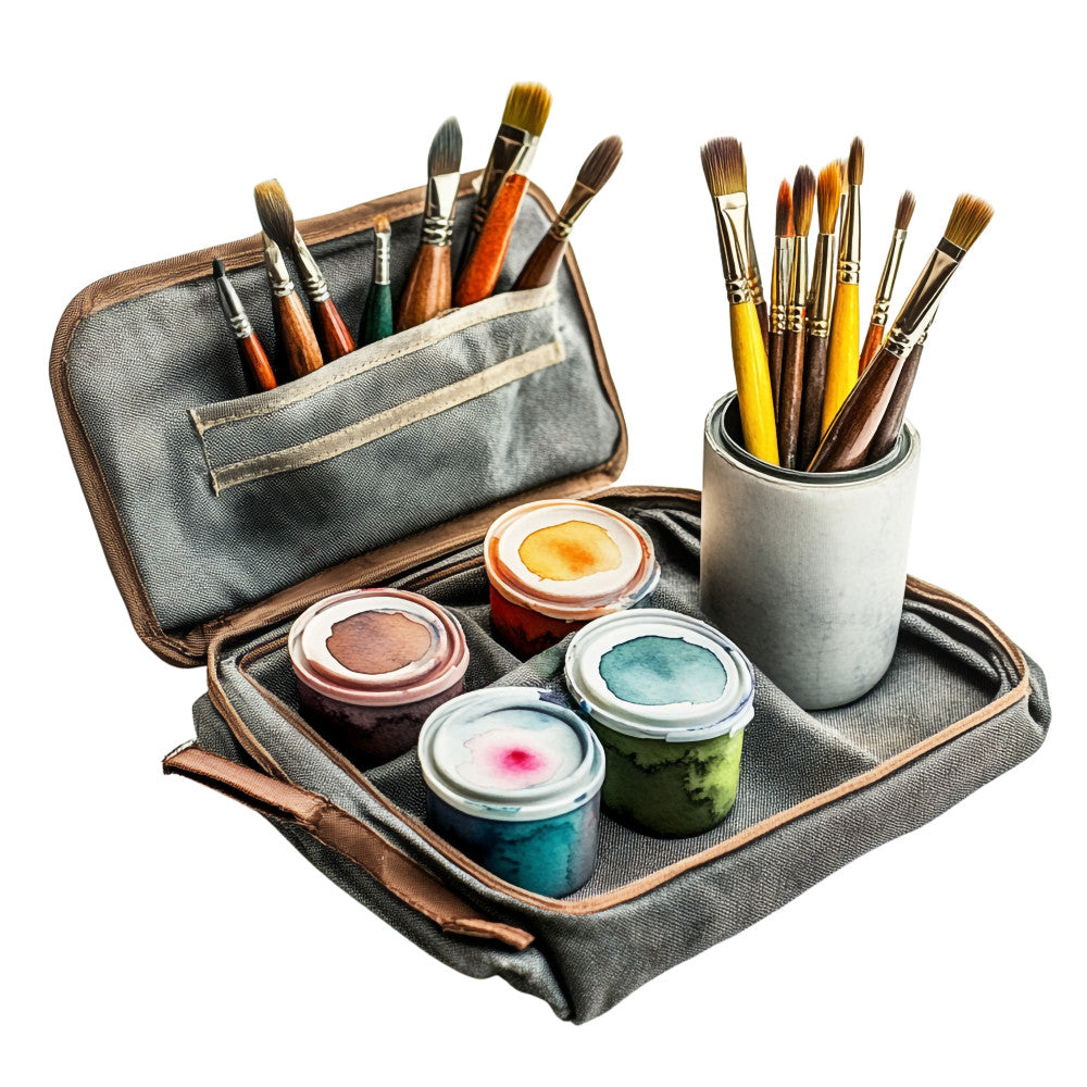 watercolor painting, art supplies, paintbrushes, paint containers, canvas bag, artist tools, craft theme, colorful paints, yellow brushes, brown handles, teal paint, orange paint, creative hobby, artistic scene, studio supplies, fabric panel, quilting cotton, realistic illustration, crafting motif, painter's kit