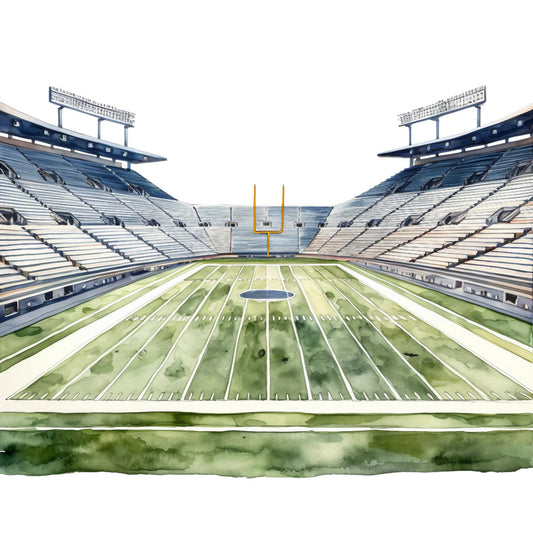 football stadium, sports, football field, stadium seating, bleachers, goal posts, yard lines, field markings, navy blue, cream white, grass green, light blue, athletic, sports theme, football fan, game day, stadium architecture, american football, sports memorabilia, masculine, modern, contemporary, sports enthusiast gift, football lover, tailgate party, sports decor
