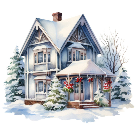 Watercolor Winter Houses Fabric Panel 12