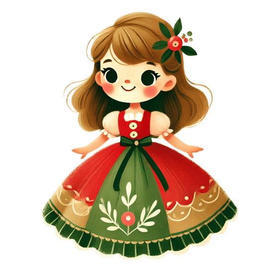 christmas, holiday, girl, cute, whimsical, folk art, traditional, festive, red dress, forest green, cream, tan, gold trim, floral motif, flower hair clip, dirndl dress, bavarian, alpine, vintage illustration, children's, nursery, retro, charming, elegant, decorative, holiday panel, winter, festive dress, red and green