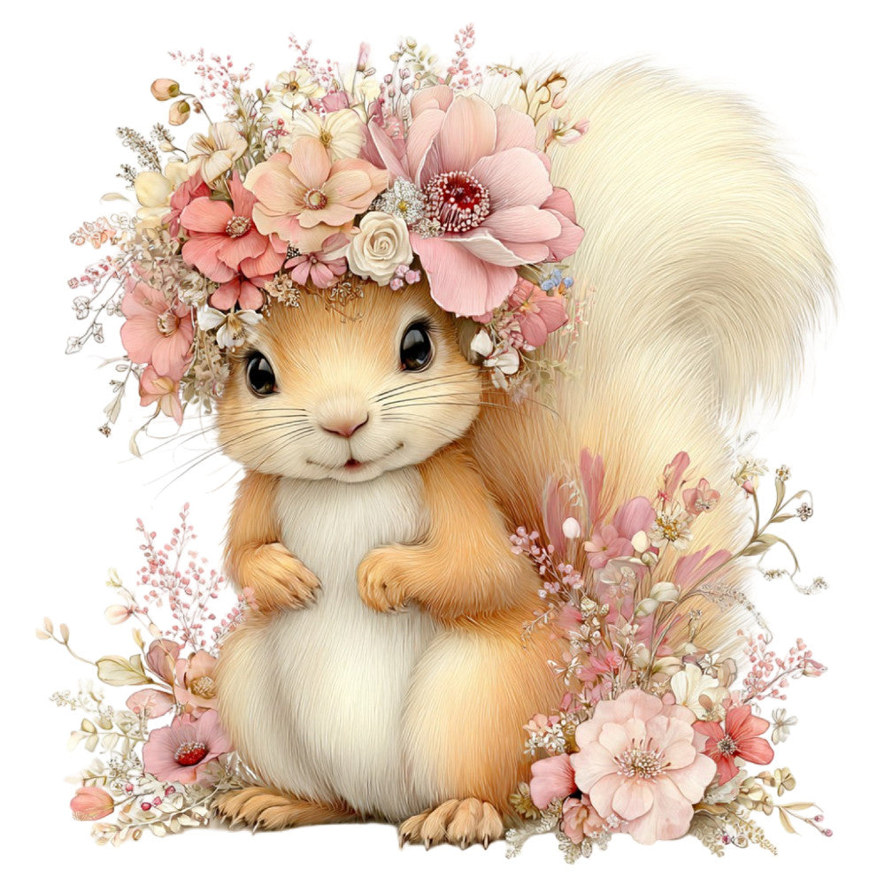 cute squirrel, floral crown, pink flowers, cream white, soft pastels, dusty rose, blush pink, sage green, whimsical, woodland animals, spring, garden theme, daisies, baby quilt, nursery, delicate florals, botanical, vintage style, romantic, nature inspired, adorable animals, daisy chains, white roses, gentle colors, children's fabric, sweet animals, illustration style, fairy tale