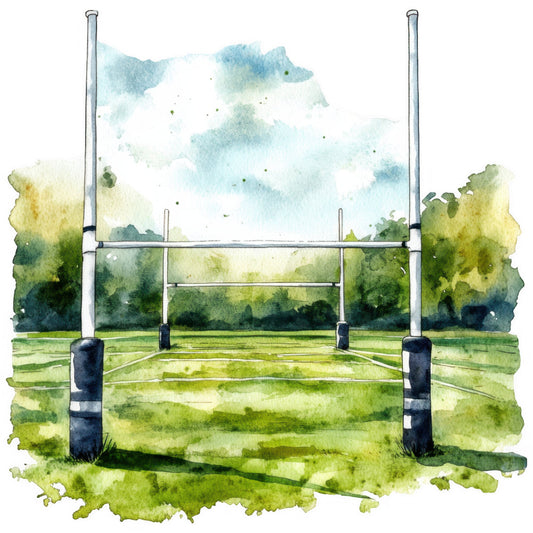 rugby posts, sports field, grass green, sky blue, watercolor, landscape, nature, outdoor, athletic, countryside, pastoral, soft green, sage green, forest green, cream white, light blue, impressionistic, realistic, detailed illustration, sports themed, field sports, gate posts, horizontal stripes, sporting equipment, rural, tranquil, peaceful, traditional, whimsical