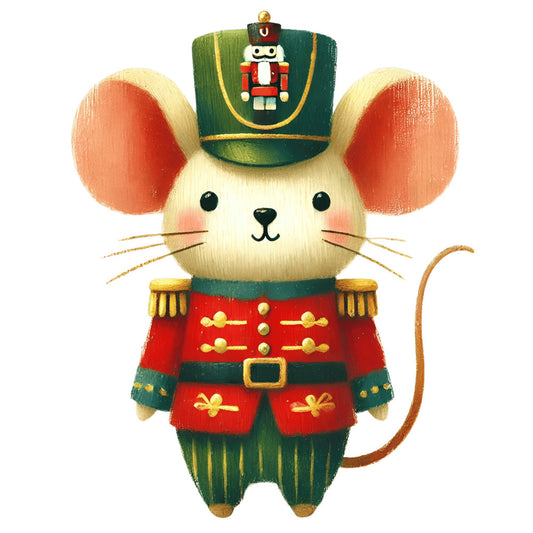 nutcracker mouse, holiday, christmas, festive, whimsical, military uniform, red and green, forest green, coral pink, cream white, gold accents, soldier, marching band, vintage style, children's, nursery, cute animals, toy soldier, winter, seasonal, traditional, enchanted, fairy tale, decorative, wall hanging, baby quilt, character print, nostalgic, classic holiday