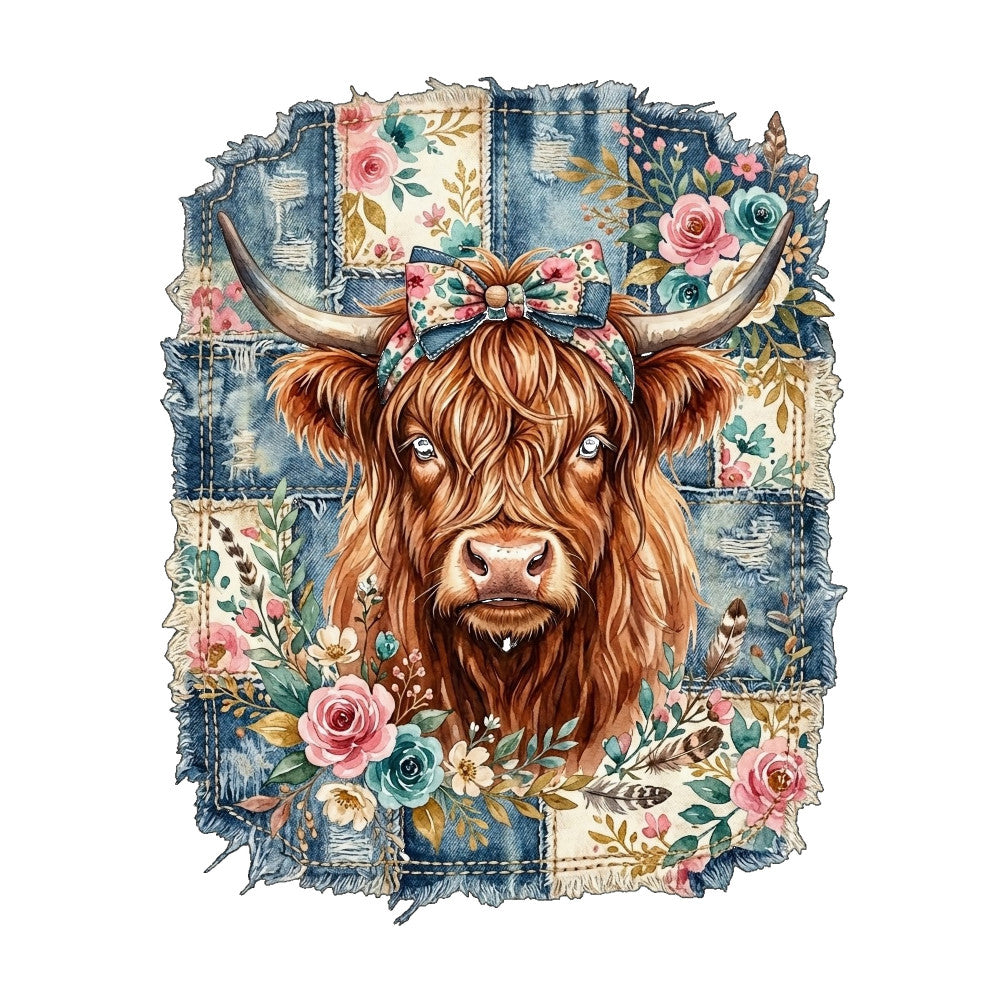 highland cattle, brown cow, floral, roses, pink roses, teal blue, navy blue, cream, gold accents, vintage, rustic, farmhouse, whimsical, botanical, cottage core, patchwork, denim texture, frayed edges, bow detail, feathers, leaves, nature, animal theme, country style, folk art, traditional, pastoral, spring florals, dusty rose, forest green