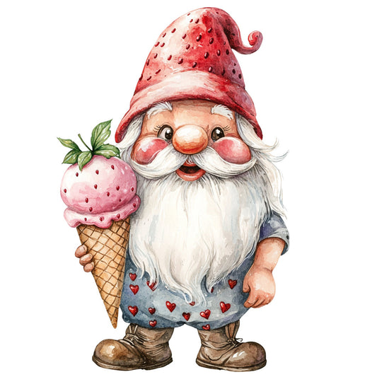 gnome, strawberry, ice cream cone, red, cream white, dusty blue, coral pink, whimsical, vintage, hearts, sweet treats, summer, spring, holiday, cheerful, playful, children's, nursery, cottage core, folk art, cute characters, food motifs, berry themed, decorative panel, wall art, children's quilt, summer collection, fantasy, storybook style, artistic