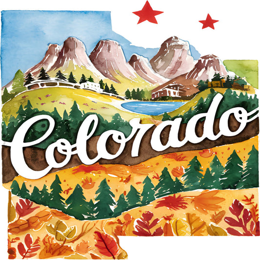 Classic US States Fabric Panel 31 featuring a colorful watercolor Colorado landscape with mountains, trees, and autumn leaves.