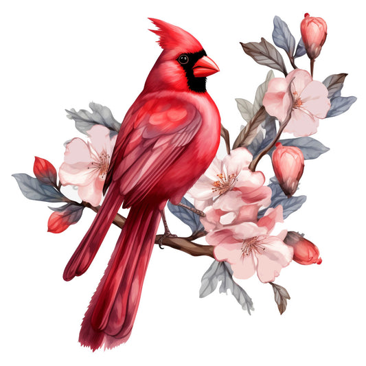 red cardinal, bird, pink flowers, cherry blossoms, floral branch, nature scene, watercolor style, fabric panel, quilting cotton, spring theme, botanical design, wildlife art, soft pastels, gray leaves, perched bird, decorative panel, sewing project, crafting material, garden birds, flowering tree