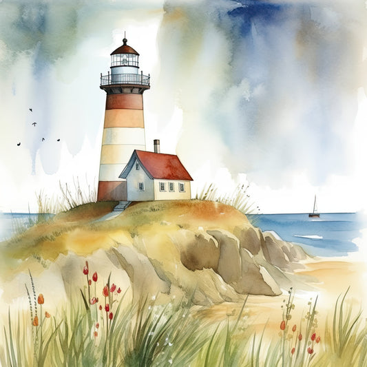 lighthouse, coastal, nautical, beach, seaside, ocean, watercolor, blue, cream, rust red, tan, sandy beige, red flowers, wildflowers, grasses, rocky shore, cottage, seaside cottage, vintage, traditional, scenic, landscape, nature, water, sailboat, birds, whimsical, peaceful, tranquil, spring