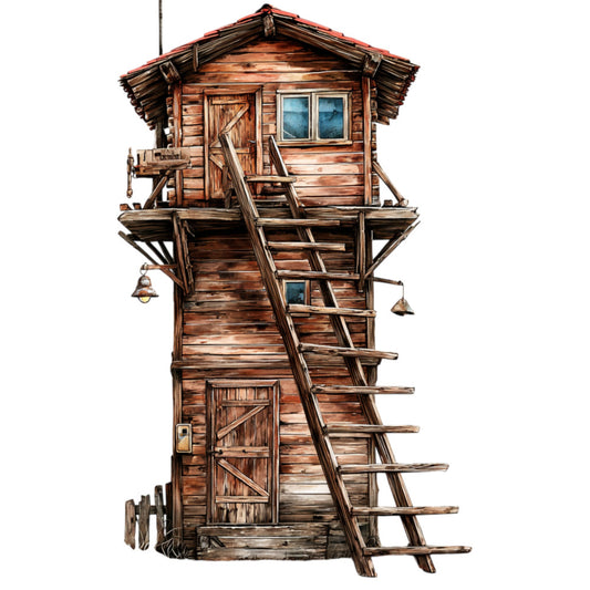 treehouse, whimsical, rustic, brown, tan, wood, wooden, vintage, storybook, children's, fairy tale, fantasy, illustrated, cottage, cabin, ladder, windows, nature, adventure, playful, warm tones, earth tones, detailed, decorative, wall hanging, children's decor, nursery, woodland, charming, nostalgic