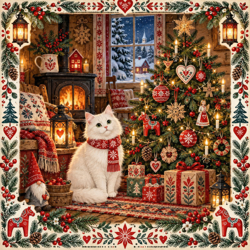christmas, holiday, winter, red, cream, green, gold, scandinavian, traditional, festive, cozy, rustic, vintage, whimsical, cat, white cat, fireplace, evergreen, snowflake, heart, geometric, folk art, nordic, cottage core, snow scene, decorative ornaments, candles, lanterns, stocking, gnome