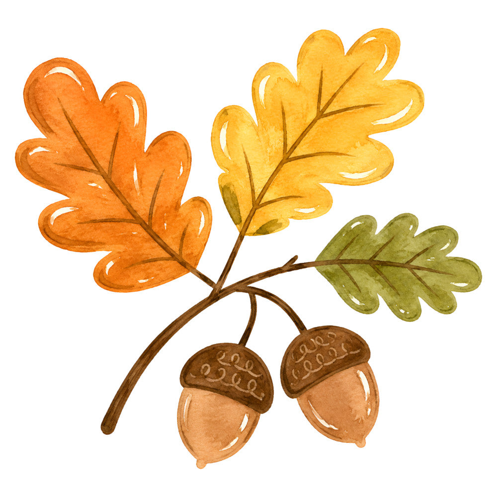 autumn leaves, fall foliage, oak leaves, acorns, orange, golden yellow, sage green, brown, nature, botanical, seasonal, autumn, harvest, thanksgiving, rustic, whimsical, watercolor style, hand-painted, woodland, natural elements, leaf motifs, transitional seasons, earth tones, warm colors, wall hanging, decorative panel, fall decor, september october november