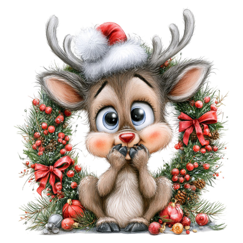reindeer, christmas, holiday, festive, whimsical, red, green, white, cream, forest green, red berries, holly, pine, decorative ornaments, santa hat, antlers, cute animals, woodland, winter, seasonal, children's, playful, charming, traditional, festive spirit, jolly, cheerful, nature-inspired
