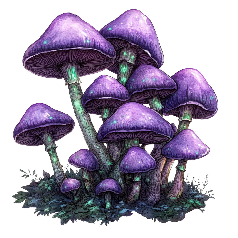 purple mushrooms, deep purple, emerald green, forest green, glowing mushrooms, bioluminescent, fantasy fungi, magical forest, woodland, nature, whimsical, botanical, enchanted, mystical, dark fantasy, gothic nature, fairy tale, toadstool, mushroom cluster, luminescent green, moss, forest floor, dark moody, occult, witchy, alternative, bohemian, illustration art, detailed botanical, nature lover