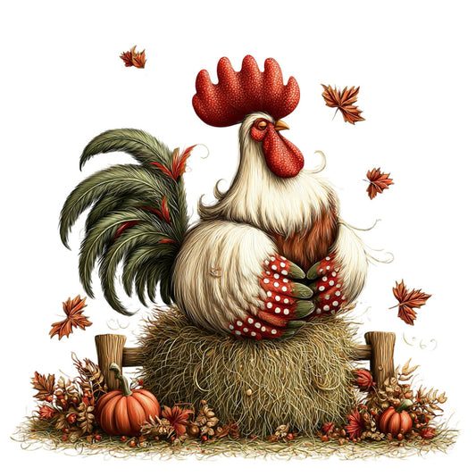 rooster, autumn, fall, harvest, thanksgiving, farmhouse, rustic, whimsical, cream white, deep red, forest green, golden brown, burnt orange, leaves, maple leaves, pumpkins, straw hay, countryside, folk art, traditional, decorative, seasonal, nature, farm animals, cottage core, vintage, warm tones, earthy, botanical, festive