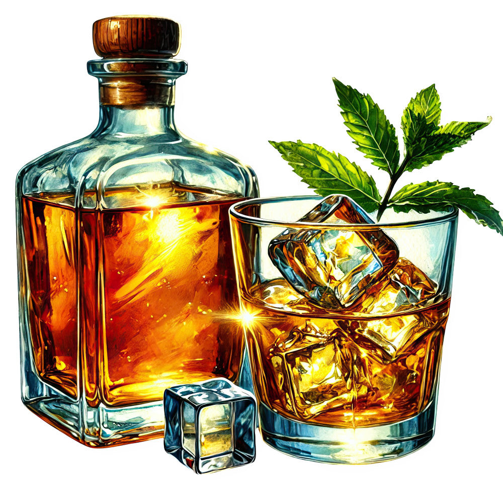 amber, bourbon, brandy, brown, cocktail, deep gold, drink, elegant, fashion, glass, gold, golden, grown-up, highball, liquor, masculine, mint leaf, on the rocks, sophisticated, spirits, topaz, whiskey, whiskey glass, adult beverage, bar decor, liqueur, rich color, sophisticated style, warm tones