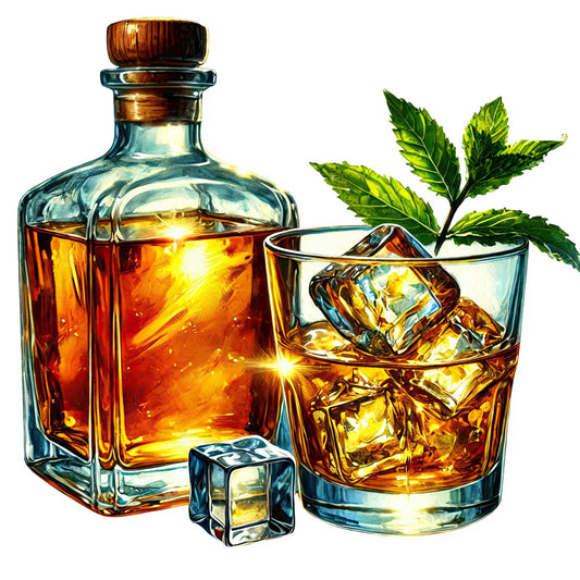 amber, bourbon, brandy, brown, cocktail, deep gold, drink, elegant, fashion, glass, gold, golden, grown-up, highball, liquor, masculine, mint leaf, on the rocks, sophisticated, spirits, topaz, whiskey, whiskey glass, adult beverage, bar decor, liqueur, rich color, sophisticated style, warm tones