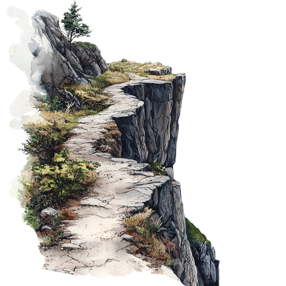 watercolor style, rocky cliff, stone path, evergreen trees, moss green, charcoal gray, sage green, beige pathway, mountainous terrain, nordic landscape, nature scene, outdoor adventure, hiking trail, rugged cliffs, fabric panel, quilting cotton, scenic vista, earthy tones, wilderness theme, landscape art