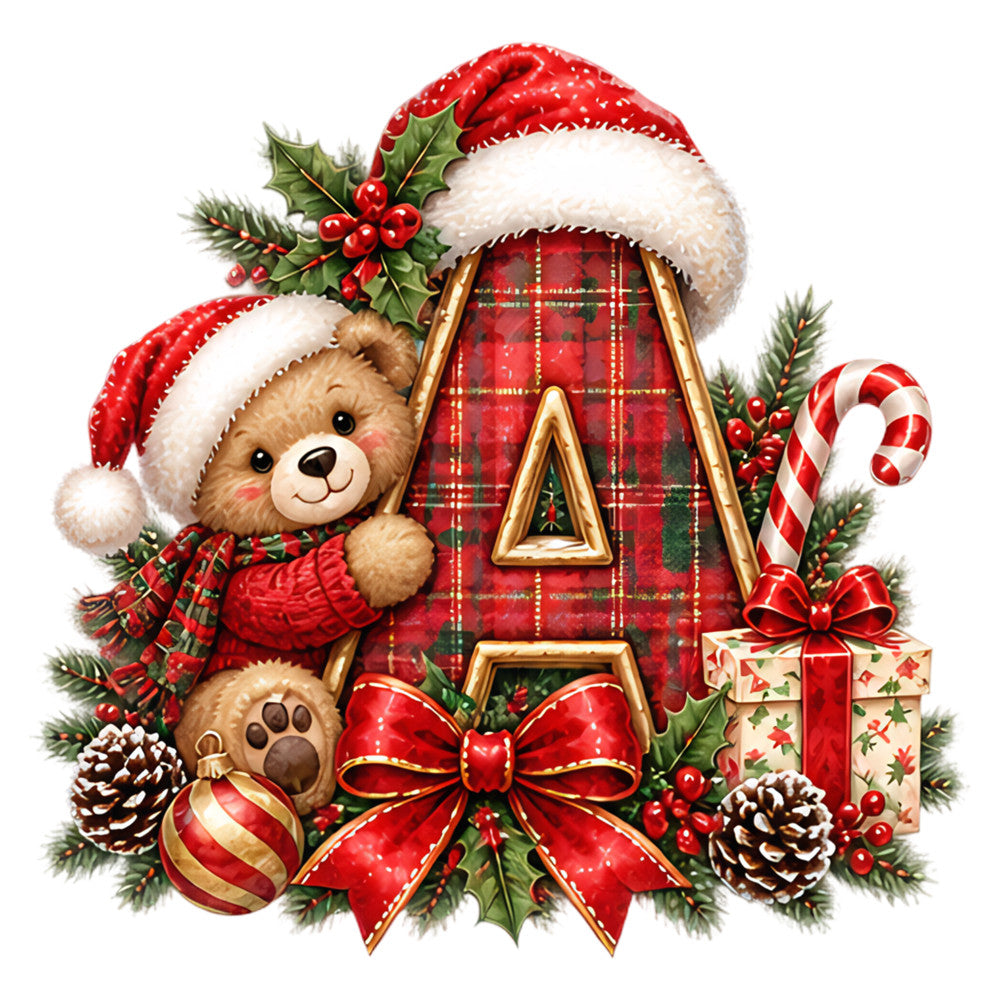 teddy bear, christmas, holiday, red plaid, tartan, candy cane, santa hat, festive, traditional, whimsical, cute animals, pine cones, holly berries, red and green, gold accents, gift box, ornaments, winter, seasonal, cozy, children's, playful, classic christmas, red ribbon bow, evergreen branches, striped candy, cream white, forest green, bright red, vintage style
