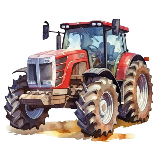 watercolor tractor, red tractor, farm vehicle, agricultural machinery, large tires, glass cab, dirt ground, watercolor painting, fabric panel, quilting cotton, farm theme, rural scene, orange earth, blue cab, silver wheels, realistic illustration, transportation motif, countryside, farming equipment, painted artwork