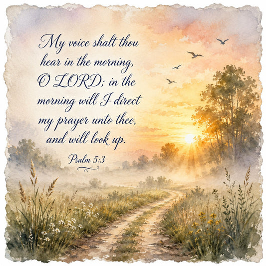 spiritual, psalm 5:3, scripture, religious, inspirational, morning prayer, sunrise, golden yellow, cream, soft peach, dusty blue, sage green, birds in flight, wildflowers, country road, pastoral landscape, nature, peaceful, tranquil, rustic, traditional, farmhouse, vintage watercolor, spiritual themes, faith-based, motivational quotes, sunrise landscape, meadow flowers, trees, serene