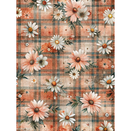 coral, peach, white, cream, sage green, plaid pattern, checkered background, daisy flowers, floral motifs, botanical design, cottage style, vintage aesthetic, fabric panel, quilting cotton, spring flowers, garden theme, rustic charm, feminine florals, crafting material, sewing fabric