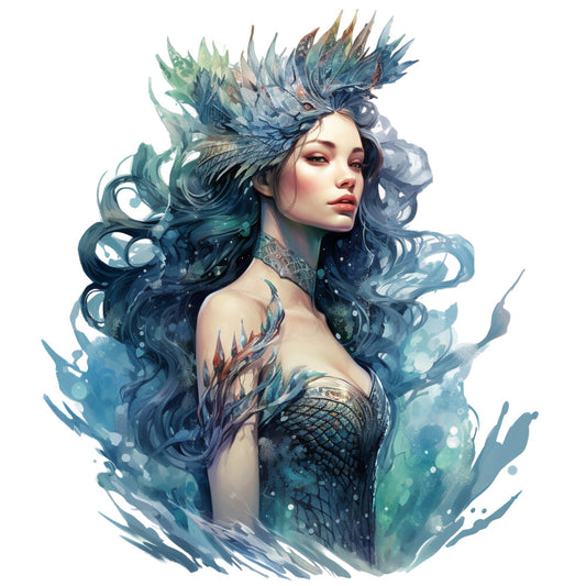 mermaid, ocean blue, teal, aqua, navy blue, sea green, flowing hair, scales, underwater, fantasy art, watercolor style, ethereal, mystical, sea creature, digital art, fabric panel, quilting cotton, ocean waves, bubbles, crown of scales