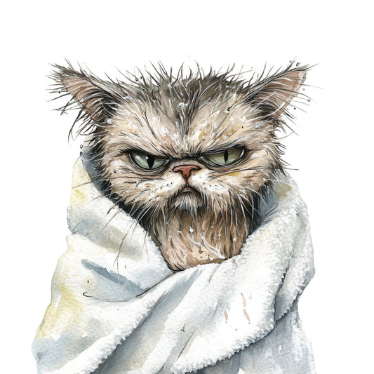 grumpy cat, angry cat, cat portrait, feline, animal, pets, watercolor, artistic, whimsical, humorous, funny, wrapped in blanket, cozy, cream, white, gray, grey, tan, beige, brown, olive green, sage green, cat lover, pet themed, illustration style, modern, contemporary, cute, quirky, expressive