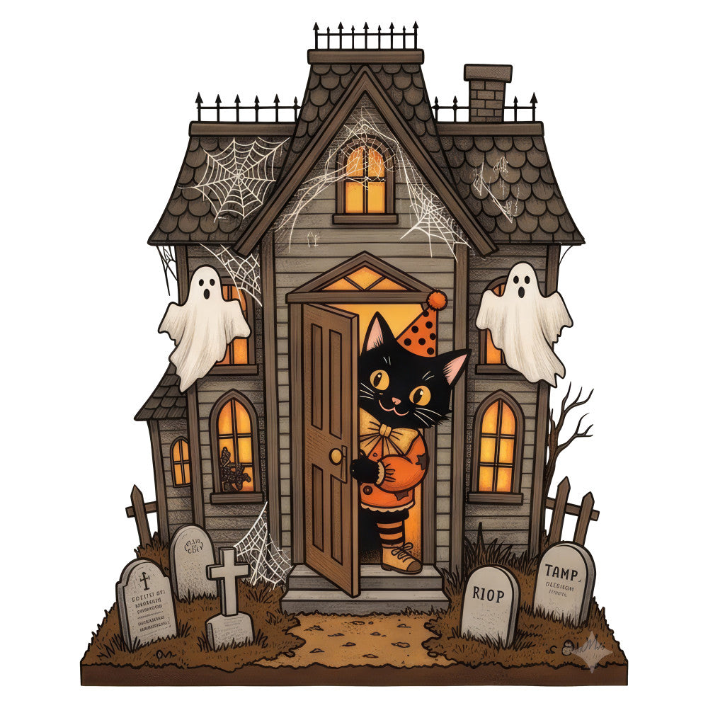 haunted house, halloween, spooky, ghosts, black cat, orange, brown, gray, cream, autumn, fall, holiday, witchy, gothic, trick or treat, cobwebs, gravestone, cemetery, whimsical, festive, seasonal, party, costume, decorative, panel print, children's, fun, playful, vintage halloween, rustic