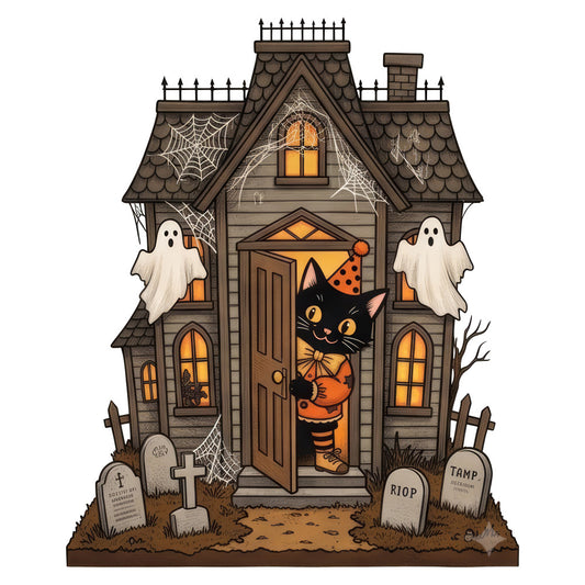 haunted house, halloween, spooky, ghosts, black cat, orange, brown, gray, cream, autumn, fall, holiday, witchy, gothic, trick or treat, cobwebs, gravestone, cemetery, whimsical, festive, seasonal, party, costume, decorative, panel print, children's, fun, playful, vintage halloween, rustic