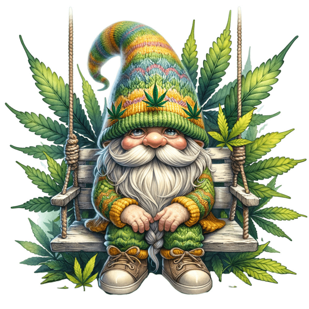 fabric panel, garden gnome, cannabis leaves, marijuana plants, green tones, rainbow colors, whimsical character, rope swing, wooden swing, white beard, pointed hat, colorful knit hat, fantasy art, botanical design, quilting cotton, craft panel, nature theme, hippie style, relaxed mood, detailed illustration