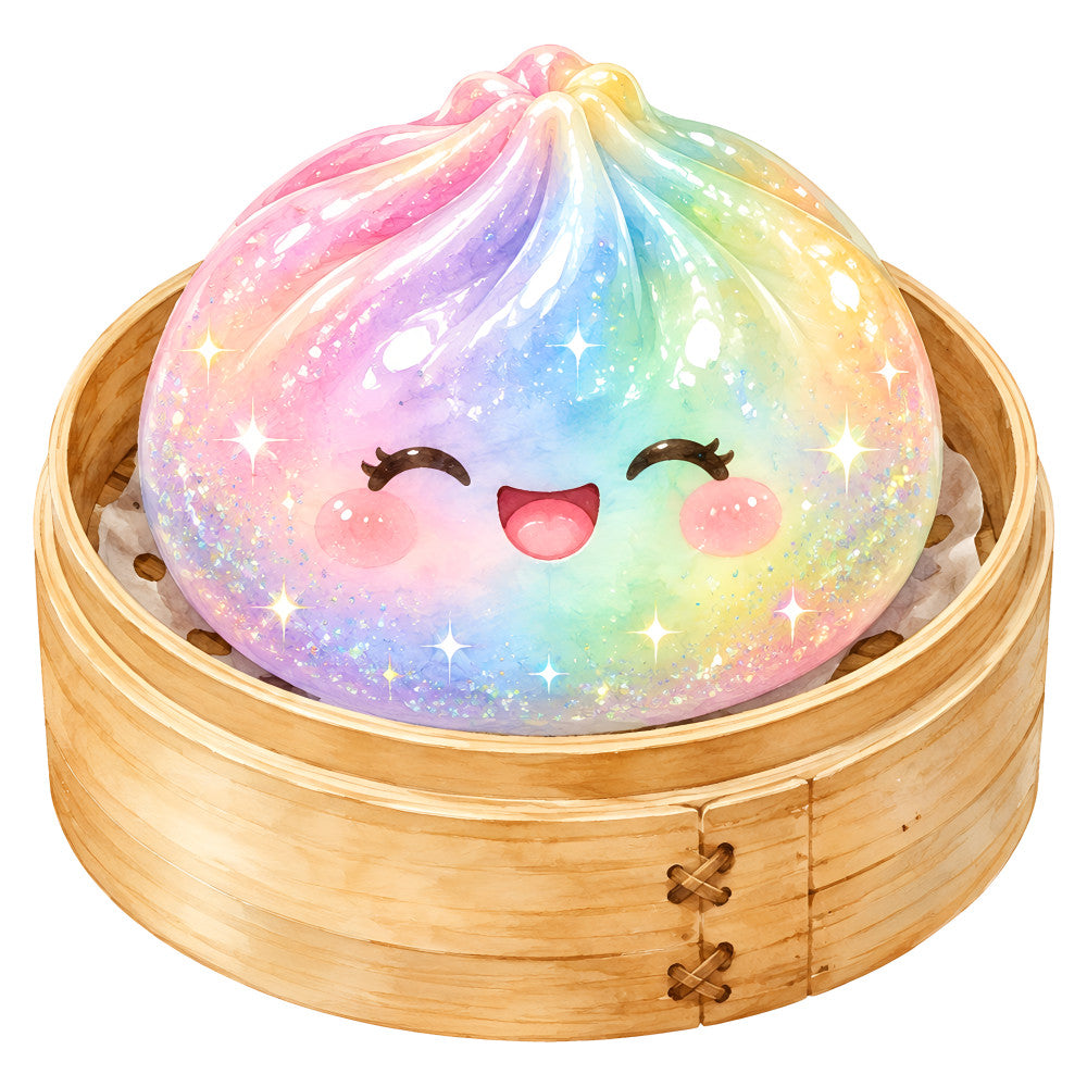 rainbow, pastel pink, soft purple, baby blue, mint green, pale yellow, gradient, ombre, celestial, whimsical, cute, kawaii, magical, sparkle, glitter, stars, happy face, smiling character, dumpling, asian food, bamboo steamer, food themed, playful, modern, cheerful, fantasy, dreamy, children's, nursery, baby