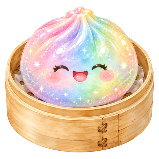 rainbow, pastel pink, soft purple, baby blue, mint green, pale yellow, gradient, ombre, celestial, whimsical, cute, kawaii, magical, sparkle, glitter, stars, happy face, smiling character, dumpling, asian food, bamboo steamer, food themed, playful, modern, cheerful, fantasy, dreamy, children's, nursery, baby