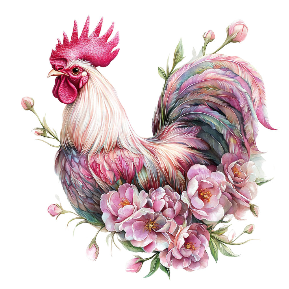 rooster, floral, pink flowers, magenta comb, white feathers, iridescent tail, peonies, botanical, watercolor style, fabric panel, quilting cotton, pastel colors, purple hues, green leaves, decorative birds, farm animals, nature motif, soft pastels, detailed illustration, whimsical art