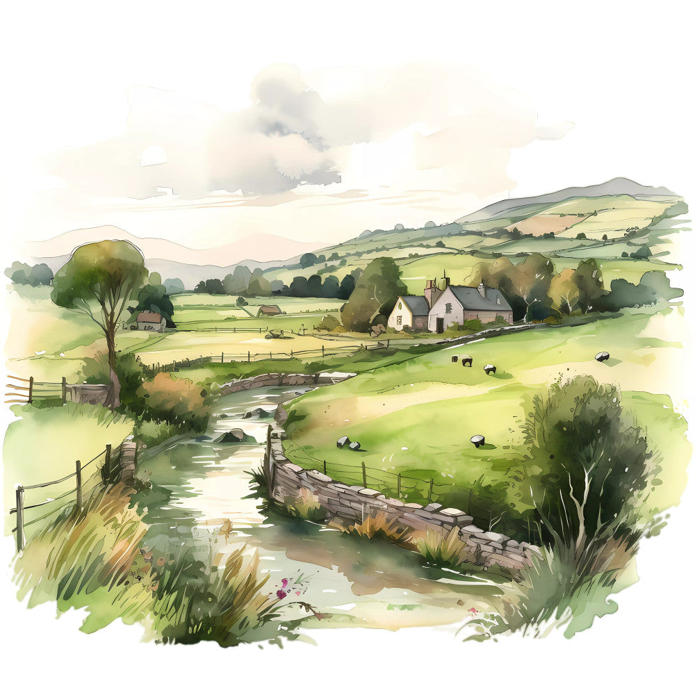 pastoral landscape, countryside, farmhouse, rolling hills, cottage, rural, sage green, cream, soft yellow, muted earth tones, watercolor, illustrated, scenic, nature, farm animals, sheep, grazing, stream, rolling countryside, traditional, peaceful, rustic, english countryside, village, agricultural, scenic landscape, spring, summer, nature lover, home decor